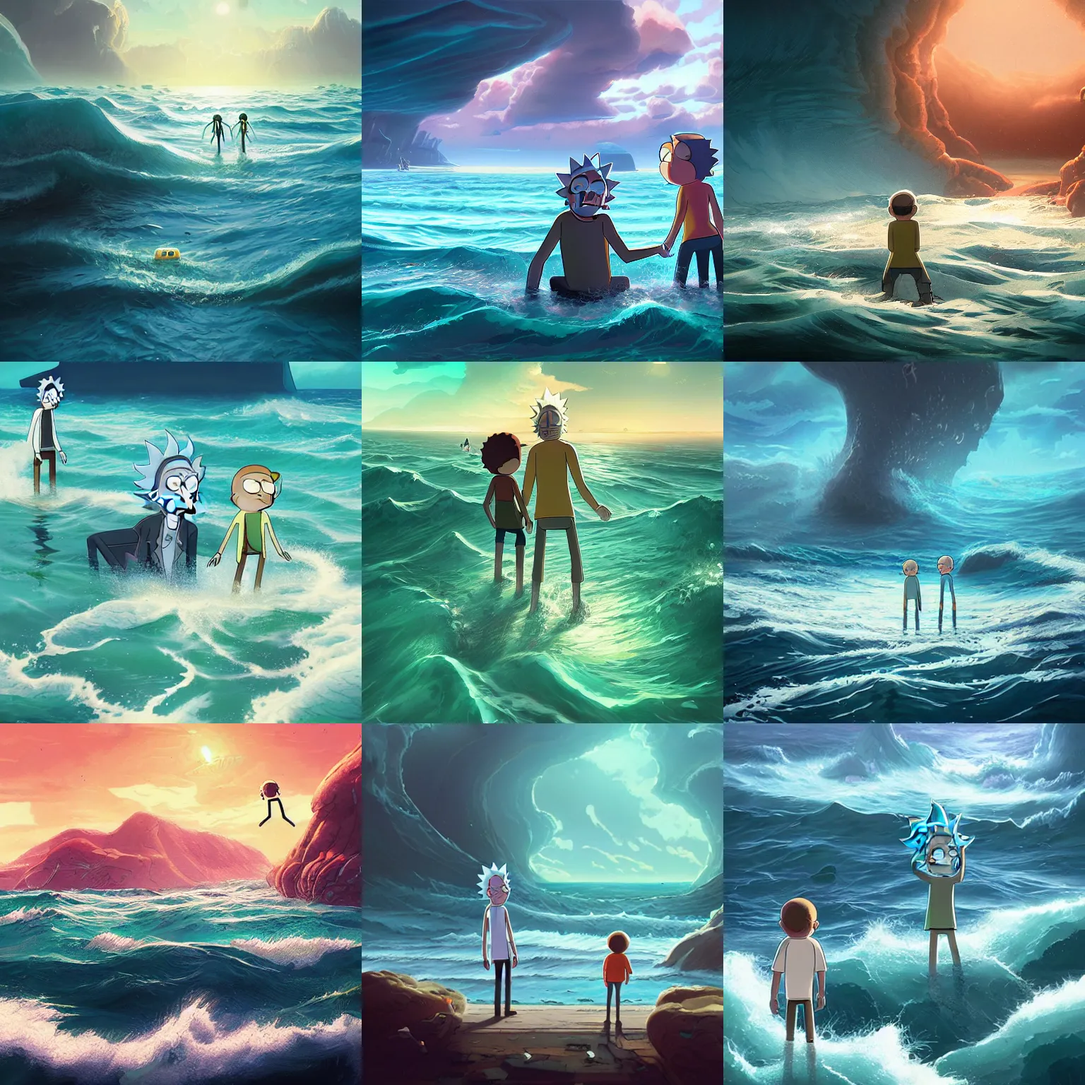 Prompt: rick and morty lost in the ocean,digital art,detailed,ultra realistic,art by greg rutkowski