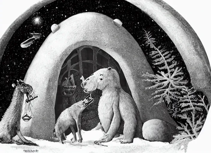 Prompt: an igloo with a chimney, walrus, polar bear, sleigh dogs, fish, giraffe, lowbrow in the style of mark ryden and ernst haeckel,