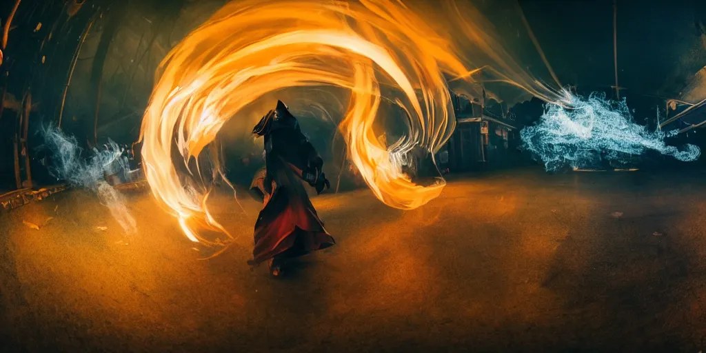 Image similar to music video fisheye slow motion with trail fire and smoke effect of futuristic break dancer wearing long dark cloak and golden helmet emitting fire and crystals, long exposure shot , enigmatic, at night in the middle sci-fi buddhist temple, paddle of water, steam, fog, water splashes, rim lights, glossy reflections, water droplets on lens, octane render, Volumetric dynamic lighting, stunning cover magazine, high details, hajime sorayama