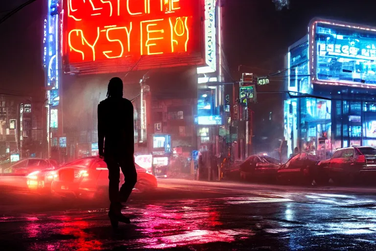 Image similar to a cinematic photograph of jesus walking through a dystopian city street whilst a large group of cyber tech robots follow, rain falls, neon advertisement light up the street, ultra realistic, high definition