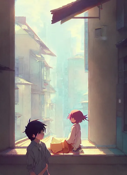 Prompt: boy kissing girl from a window. illustration concept art anime key visual trending pixiv fanbox by wlop and greg rutkowski and makoto shinkai and studio ghibli