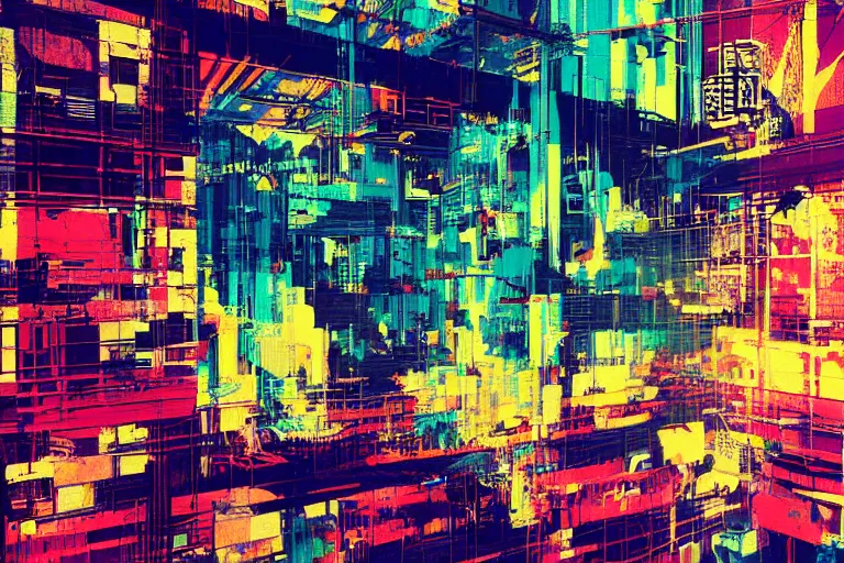 Image similar to architecture collage by atelier olschinsky, cyberpunk, (high contrast), ((oversaturated)), grafitti paint