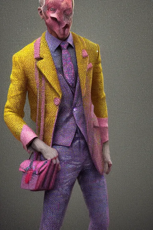 Prompt: a scene with a character wearing a super colorful muted color diy! suit, super detailed, vivienne westwood!, detailed photoreal render octane render, pointillism, oil on canvas