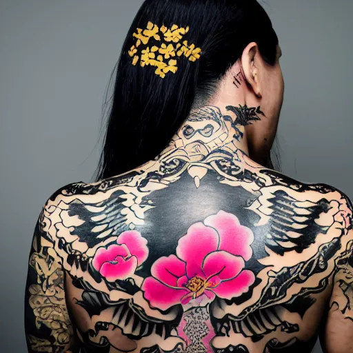 Image similar to photography of the back of a woman with a black detailed irezumi tatto representing a gold tiger with pink flowers on her entire back, mid-shot, editorial photography