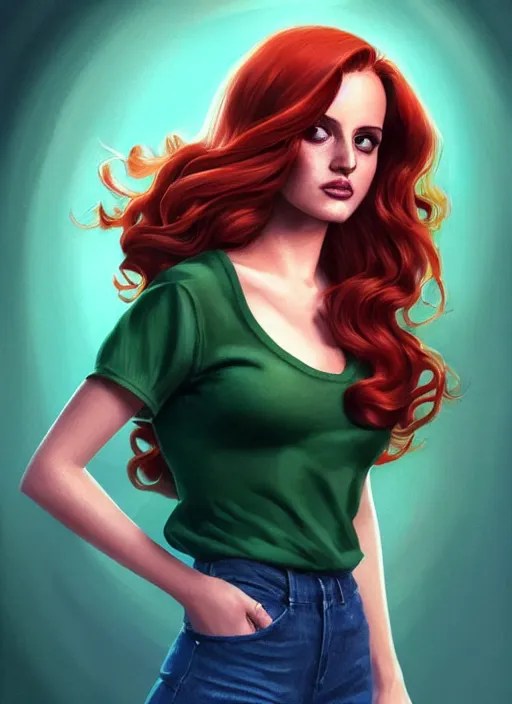 Image similar to full body portrait of teenage cheryl blossom, bangs, green eyes, mischievous expression, red hair, sultry smirk, bangs and wavy hair, intricate, elegant, glowing lights, highly detailed, digital painting, artstation, concept art, smooth, sharp focus, illustration, art by wlop, mars ravelo and greg rutkowski