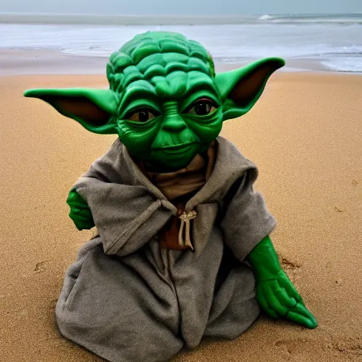 Image similar to sad Yoda on a beach