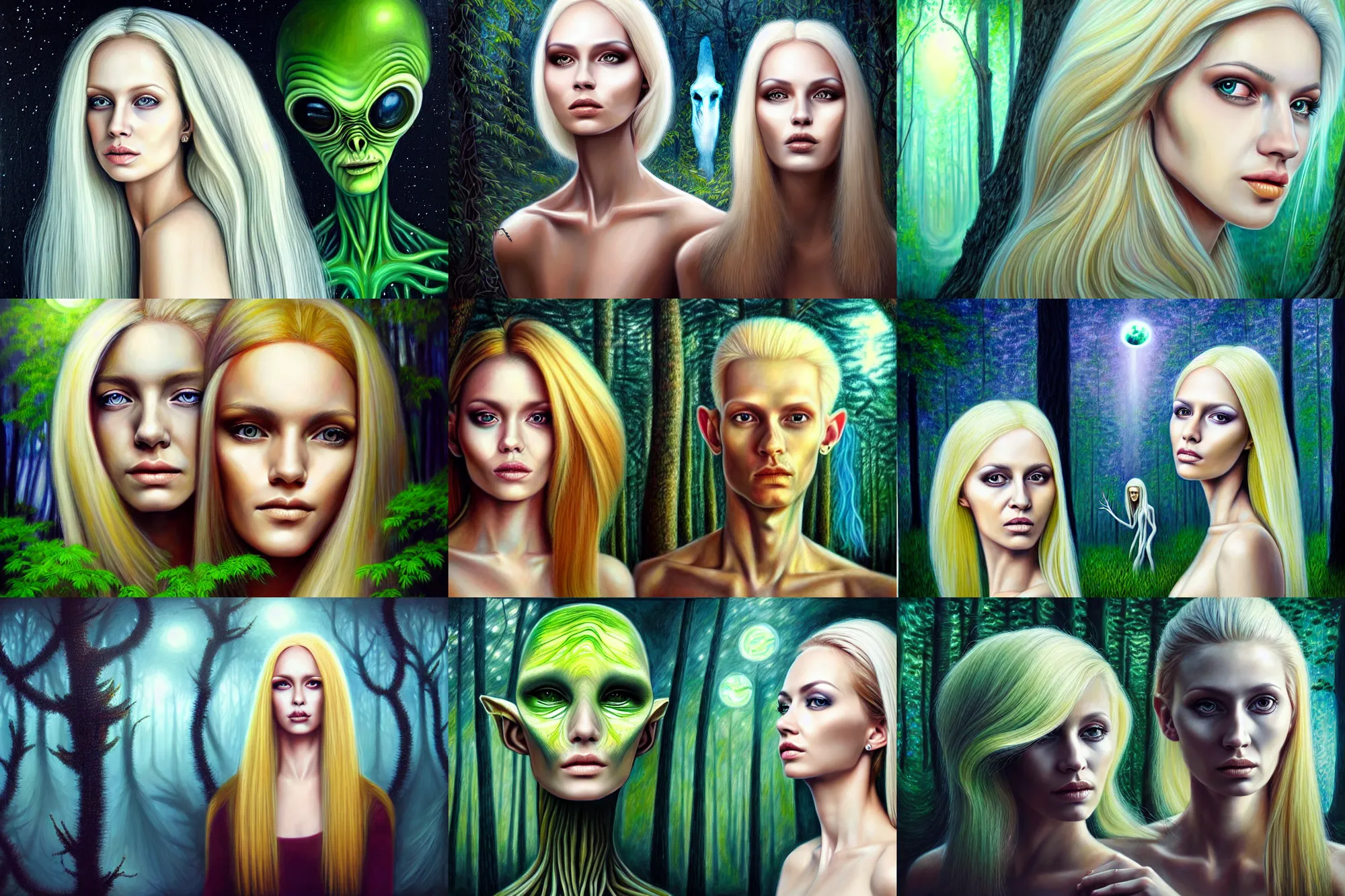 Image similar to realistic detailed portrait painting of a beautiful ghost woman with blond hair with an alien, futuristic sci-fi forest on background