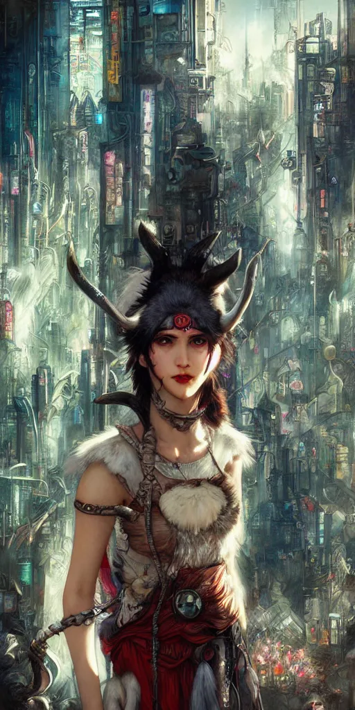 Image similar to hyper realistic Princess Mononoke with her mask, busy cyberpunk metropolis, city landscape, jewels, style of tom bagshaw, mucha, james gurney, norman rockwell, denoised, sharp