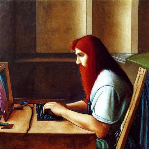 Image similar to a red-haired long-haired teenage boy sitting at a computer, lions around him, painting by Donatello