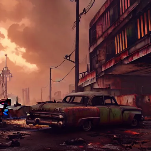 Image similar to fallout 4 : miami, ruined city environment, rusted vintage cars and trucks mysterious atmospheric lighting, matte painting, intricate, iridescent, volumetric lighting, beautiful, rich deep colours masterpiece, fog golden hour, golden ratio, sharp focus, ultra detailed, by leesha hannigan, ross tran, thierry doizon, kai carpenter, ignacio fernandez rios