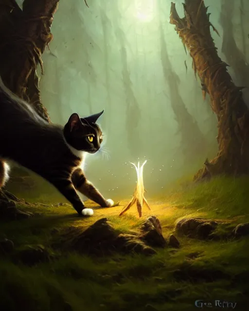 Image similar to oil painting of Cat, Anthropomorphized, casting dark spell, sharp focus, heroic pose, fantasy style, octane render, volumetric lighting, 8k high definition, by greg rutkowski, highly detailed, trending on art Station, magic the gathering artwork, Woodland background, centered