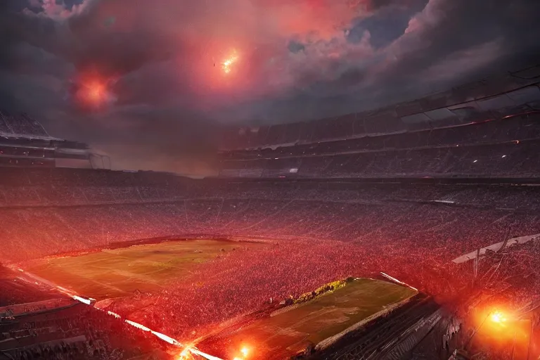 Image similar to meteors fall from the red sky down to a crumbling football stadium, crowds panic, cinematic lighting by jessica rossier, realistic, highly - detailed, 8 k, photorealistic, hyper detailed, unreal engine 5, imax quality, cinematic, epic lighting, football live, live sports