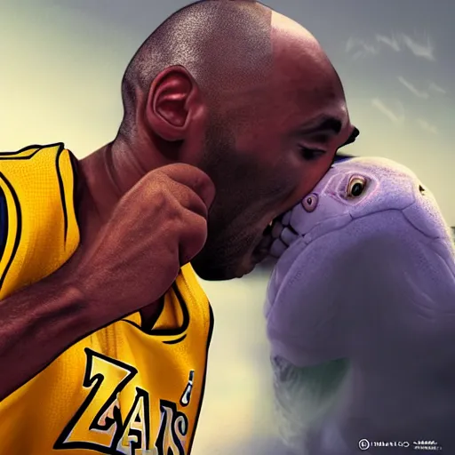 Image similar to kobe bryant kissing a giant turtle in heaven, hyper realistic, side view, digital art, amazing detail, artstatiom, cgsociety, epic art