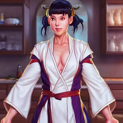 Image similar to chun li wearing a closed bathrobe!!! standing in the kitchen cooking!!!, beautiful face!!!!, 2 7 years old, cg animation, lifelike, animated, realistic, by artgerm, greg rutkowski, 3 d