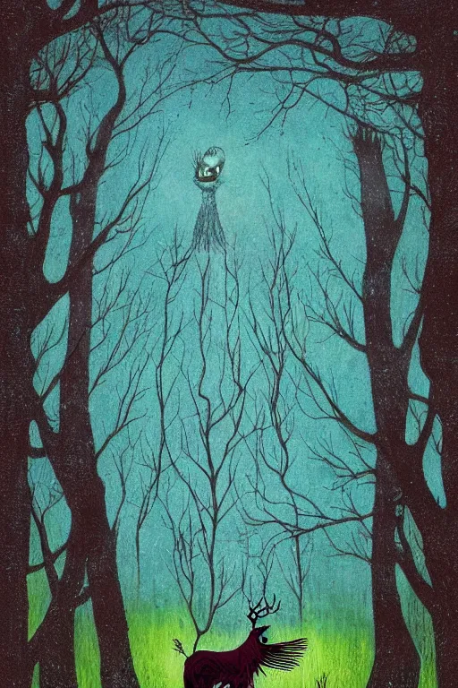Prompt: tarot card, haunted woods, by andy kehoe