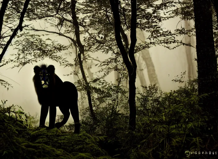 Prompt: professional wildlife photograph of a black lion standing in a foggy dark jungle at night, surrounded by dense dark trees at night, moss, ferns, cinematic lighting, apex predator, natgeo