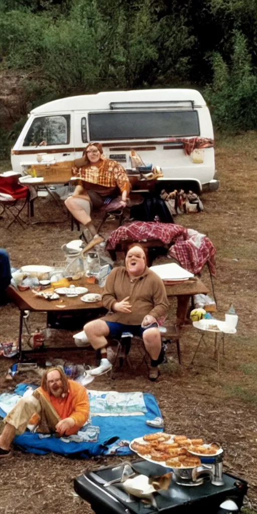 Prompt: matt foley living in a van down by the river cooking some hamburgers in the style of vemeer