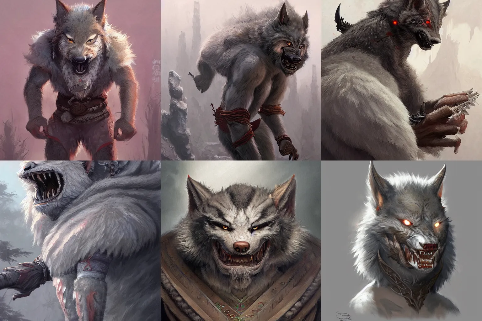 Prompt: very detailed painting of an Asian Tribal Werewolf with light grey fur, wearing traditional Asian Armor, featured in artstation, concept art by Greg Rutkowski, WLOP, Dan Mumford, Christophe Vacher