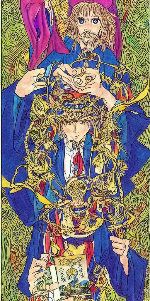 Prompt: a mystical man with a goblet on the table, wizard hat, drawn by Naoko Takeuchi, impressive line work, tarot card. tarot card the magician, psychedelic, intricate, detailed