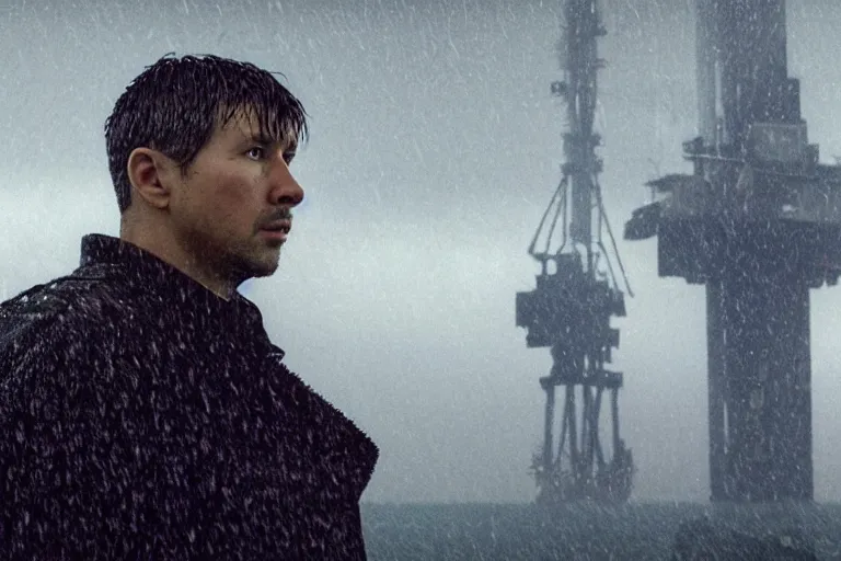 Image similar to a still from bladerunner 2 0 4 9 depicting a medium shot of akie kotabe wearing wet weather gear. he stares intently into the camera with a worried expression. behind him is a futuristic oil rig in the deep ocean. sci fi, futuristic, cinematic, low light, soft focus.