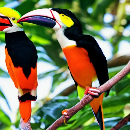 Image similar to white - breasted toucans ( ramphastos tucanus ) of gummy, lemon flavor with strawberry, cherry and orange stripes on the beak.