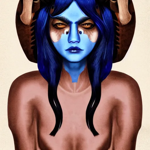 Image similar to illustrated portrait of ram-horned devil woman with blue bob hairstyle and tanned #FFA500 colored skin and with solid black eyes wearing leather by rossdraws