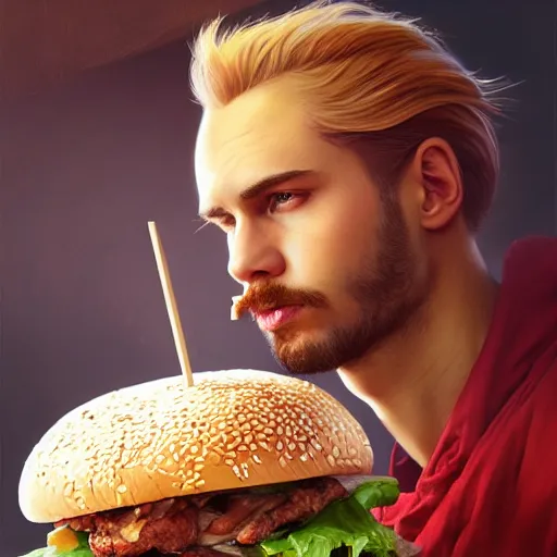 Image similar to portrait of a young rugged chicken sandwich , extra onions and ketchup, luscious patty with sesame seeds, handsome, D&D, fantasy, intricate, elegant, highly detailed, digital painting, sweaty meat, artstation, concept art, matte, sharp focus, illustration, art by Artgerm and Greg Rutkowski and Alphonse Mucha