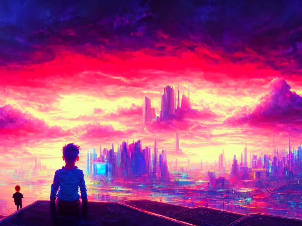 Image similar to a painting of a boy in a crystal box watching a colorful sunrise futuristic city surrounded by clouds, cyberpunk art by yoshitaka amano and alena aenami, cg society contest winner, retrofuturism, matte painting, apocalypse landscape, cityscape