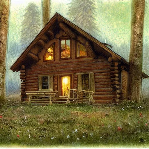 Image similar to a cabin in the woods by james gurney