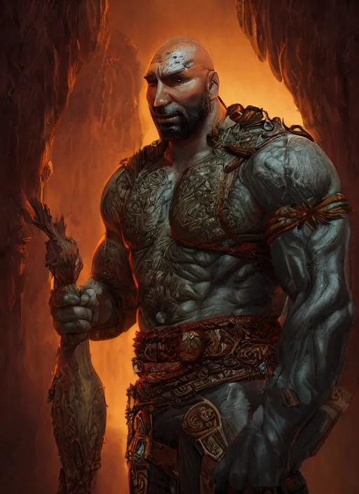 Prompt: A fantasy comic book style portrait painting of Dave Bautista as a druid in a stunning fantasy fortress, unreal 5, DAZ, hyperrealistic, octane render, RPG portrait, dynamic lighting