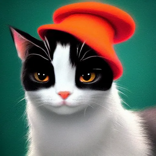 Image similar to a cute calico cat in a hat, artstation, cgsociety, storybook art