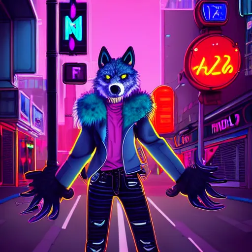 Image similar to beautiful commission digital art portrait commission of an androgynous furry anthro wolf wearing punk clothes in the streets of a cyberpunk city. neon signs, detailed background, futuristic adverts, holographics. character design by zaush, rick griffin, tessgarman, angiewolf, rube, miles df, smileeeeeee, furlana, fa, furraffinity