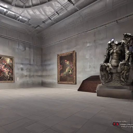 Image similar to A large museum hall contains many artworks,unreal engine 5