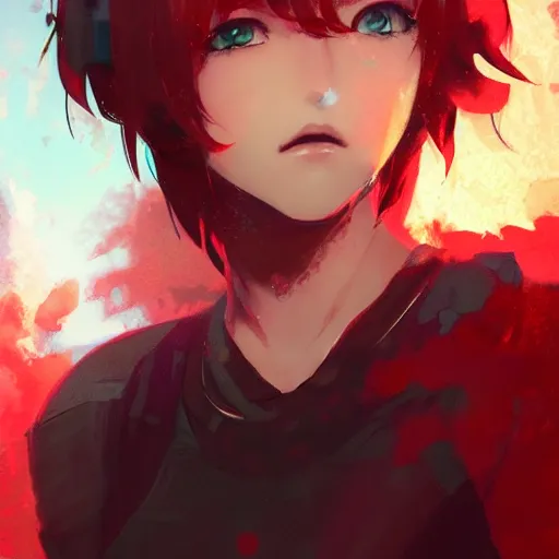 Prompt: anime style portrait of a teen girl with short red hair, dramatic lighting, anime illustration by Greg rutkowski, yoji shinkawa, 4k, digital art, concept art, trending on artstation, アニメ, featured on pixiv