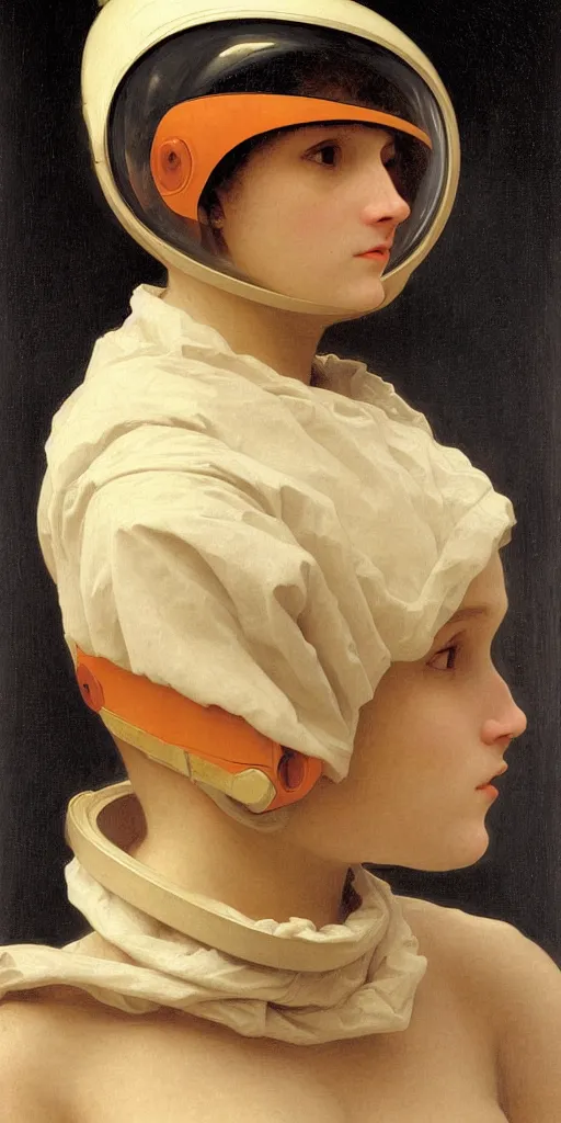 Image similar to portrait of an ancient human species in astronaut helmets, a portrait of no more than one person, by bouguereau