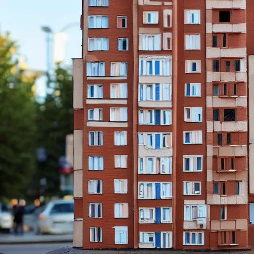 Image similar to figurine of small soviet apartment building, light is on windows