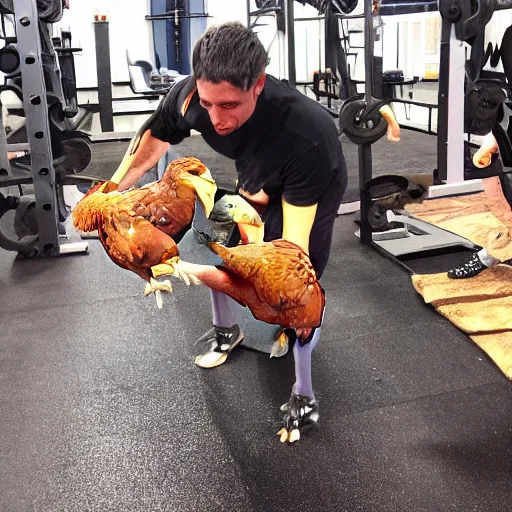 Image similar to a chicken lifting weights