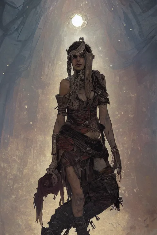 Prompt: a full body portrait of a beautiful post apocalyptic offworld musicians district bedouin blind pulp fiction scarlet wild rogue barbarian leper begging by the roadside, intricate, elegant, highly detailed, digital painting, artstation, concept art, smooth, sharp focus, illustration, art by krenz cushart and artem demura and alphonse mucha