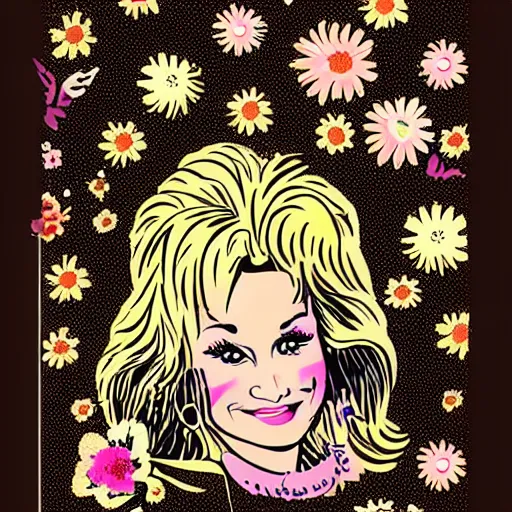 Prompt: young Dolly Parton, retro graphic design, hippie, floral