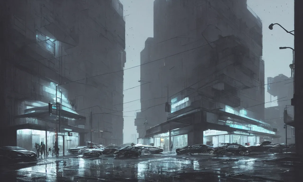 Image similar to high resolution photograph, streetscape, simple brutalist architecture, metal, concrete, wet streets, white neon lights, color neon signs, flying cars, pedestrians, greg rutkowski, syd mead, ralph mcquarrie, concept art, matte painting, finely detailed, minimal artifacts, rule of thirds, dynamic lighting, cinematic, denoised, centered, artstation