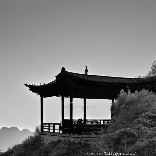 Image similar to little pavilion in the mountain, black and white, by lang jingshan,