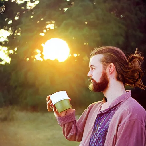 Prompt: portrait of a hippie drinking a coffee on the surface of the sun, kodak portra,