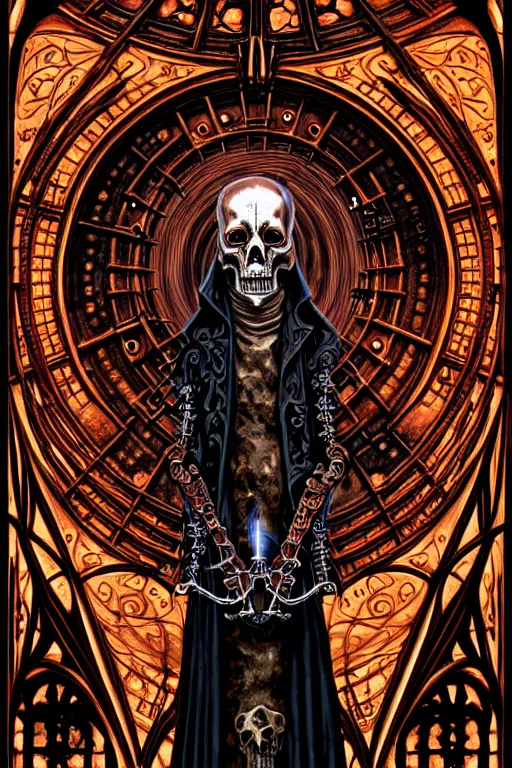 Image similar to steam necropolis, memento mori, gothic, neo - gothic, art nouveau, hyperdetailed copper patina medieval icon, philippe druillet, ralph mcquarrie, concept art, steampunk