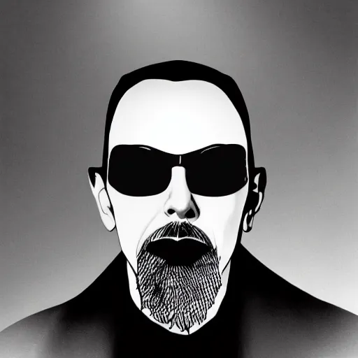 Prompt: photorealistic symmetrical portrait of anton lavey ( accurate face ) in suit and sunglasses with a smoking joint in his hand, photo by annie leibovitz, dc comics esthetics, highly detailed, 8 k resolution