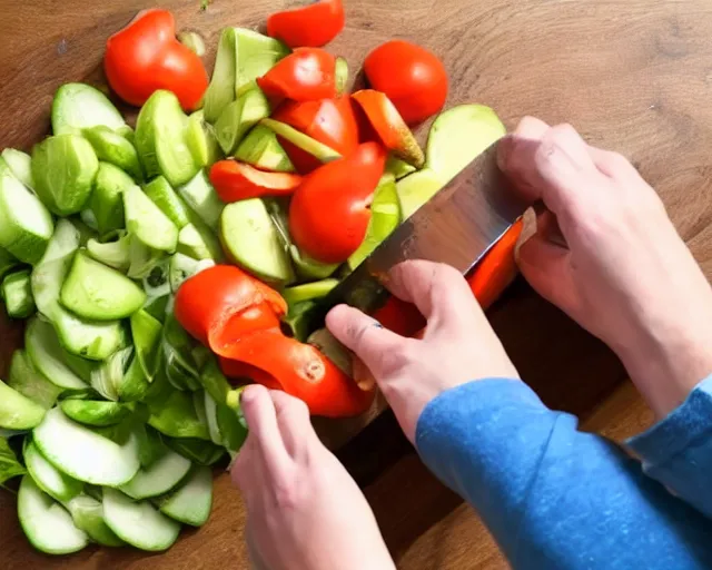 Image similar to 9 0 degrees fov, first person point of view of me chopping vegetables on a chopping board, gopro footage