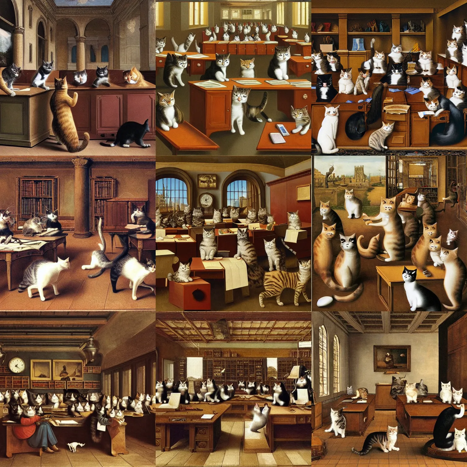 Prompt: cats working in a big office, renaissance