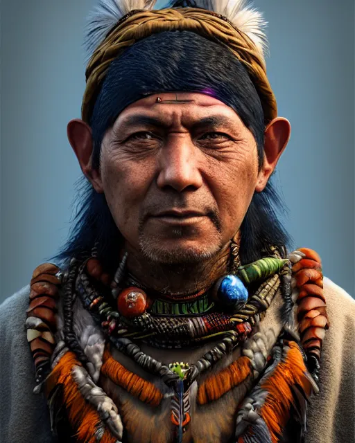 Image similar to headshot portrait of a shaman with raven features, cgsociety, detailed, unreal engine, textured, cinematic, character design