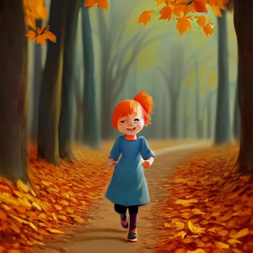 Image similar to ansell mary jane ilustration a beautiful little girl smiling, walking calmly through an autumn forest, style by goro fujita, characterized by ansell mary jane, sharp focus, highly detailed, artstation