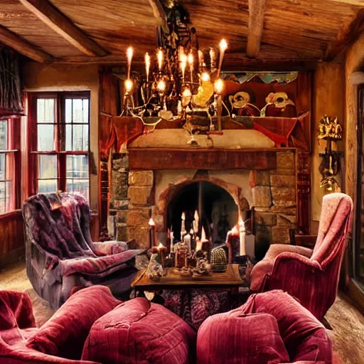 Image similar to A photograph of the Gryffindor common room, cozy arm chairs, a fire burning in the hearth, high ceilings, lit by many candles, light rays, magic aura, bloom, mysterious