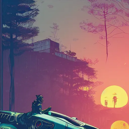 Image similar to Stunning illustration of single cyberpunk explorer overlooking lush forest filled with abandoned cars and robots , highly detailed, sunset, by Victo Ngai and James Gilleard , Moebius, Laurie Greasley